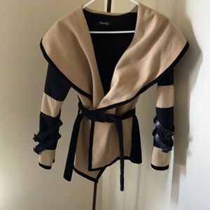 Lapel Belted Color-block Wrap Jacket
